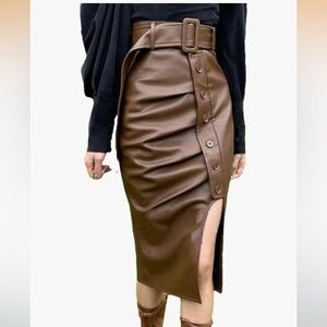 NWT DOSE Brown Faux Leather Button-Trim Midi Pencil Skirt with Belt size S.